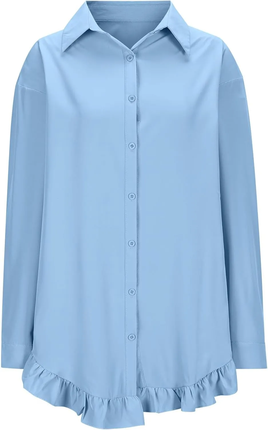 Shirt for Women Ruffle Hem Oversized Button Down Baggy Long Sleeve Lapel Tunic Tops Dressy Business Casual Blouses