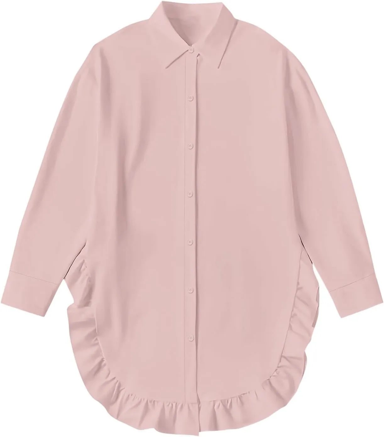 Shirt for Women Ruffle Hem Oversized Button Down Baggy Long Sleeve Lapel Tunic Tops Dressy Business Casual Blouses