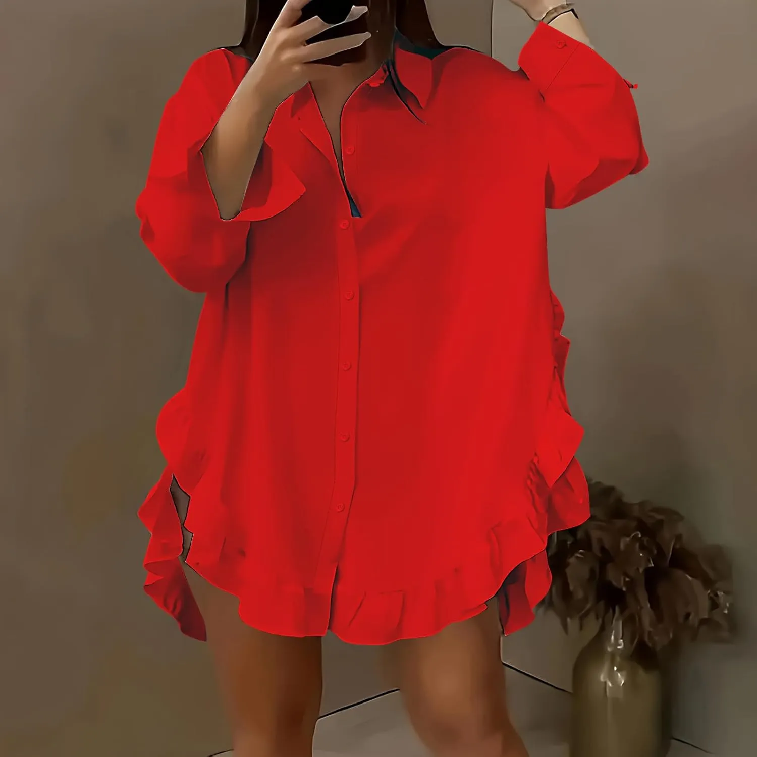 Shirt for Women Ruffle Hem Oversized Button Down Baggy Long Sleeve Lapel Tunic Tops Dressy Business Casual Blouses