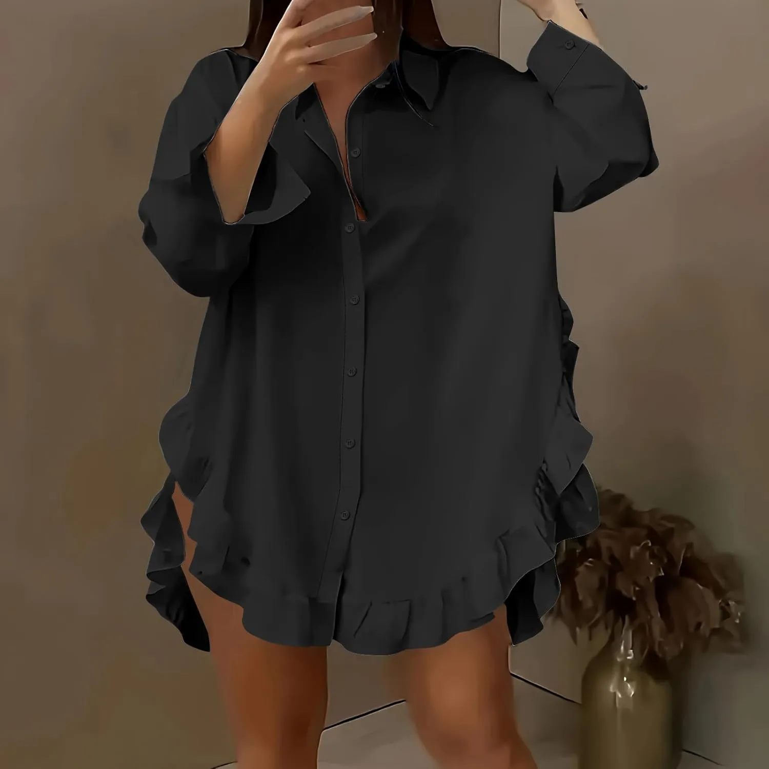 Shirt for Women Ruffle Hem Oversized Button Down Baggy Long Sleeve Lapel Tunic Tops Dressy Business Casual Blouses