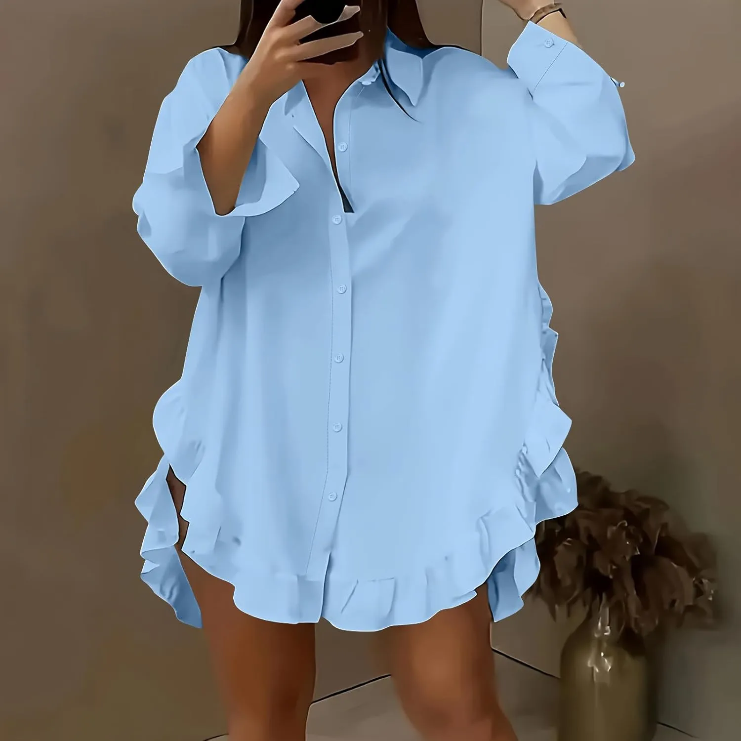 Shirt for Women Ruffle Hem Oversized Button Down Baggy Long Sleeve Lapel Tunic Tops Dressy Business Casual Blouses