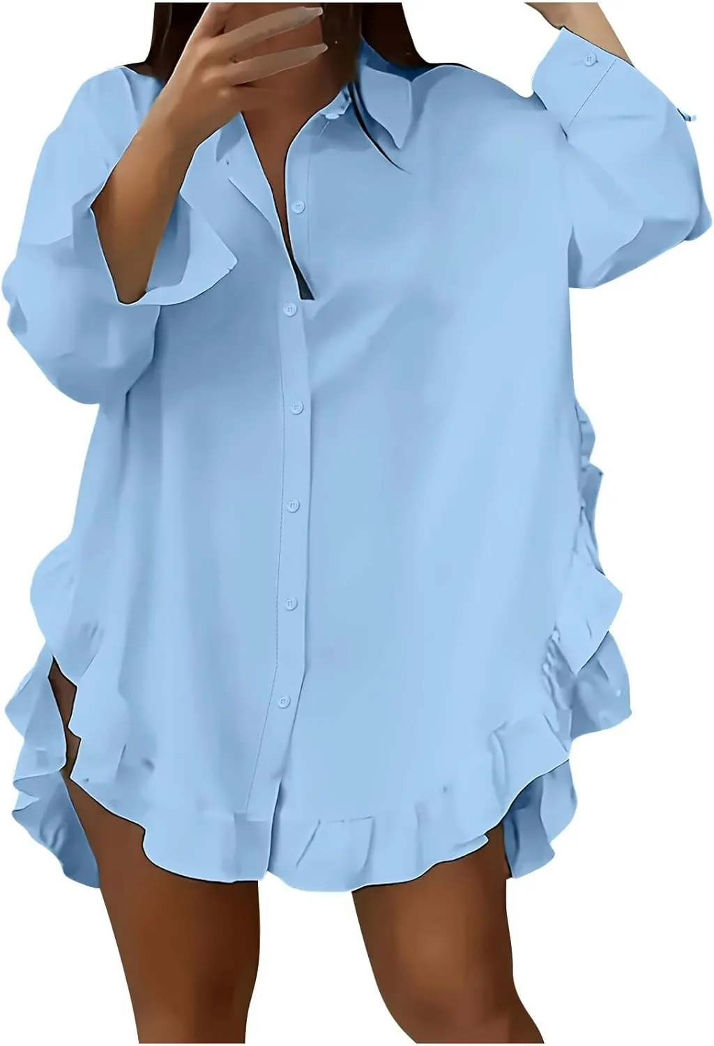 Shirt for Women Ruffle Hem Oversized Button Down Baggy Long Sleeve Lapel Tunic Tops Dressy Business Casual Blouses
