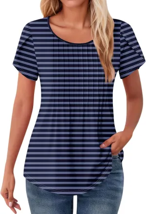 Shirts for Women Summer Short Sleeve Tops Dressy Casual Pleated Round Neck Blouses Dressy Spring Cute Striped Clothes
