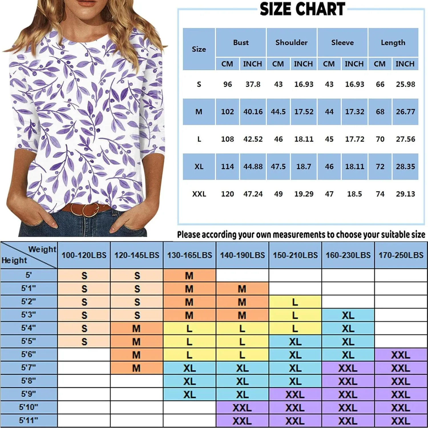 Shirts for Women Trendy 3/4 Sleeve Crewneck Cute Shirts Casual Print Three Guarter Length T Shirt Summer Pullover