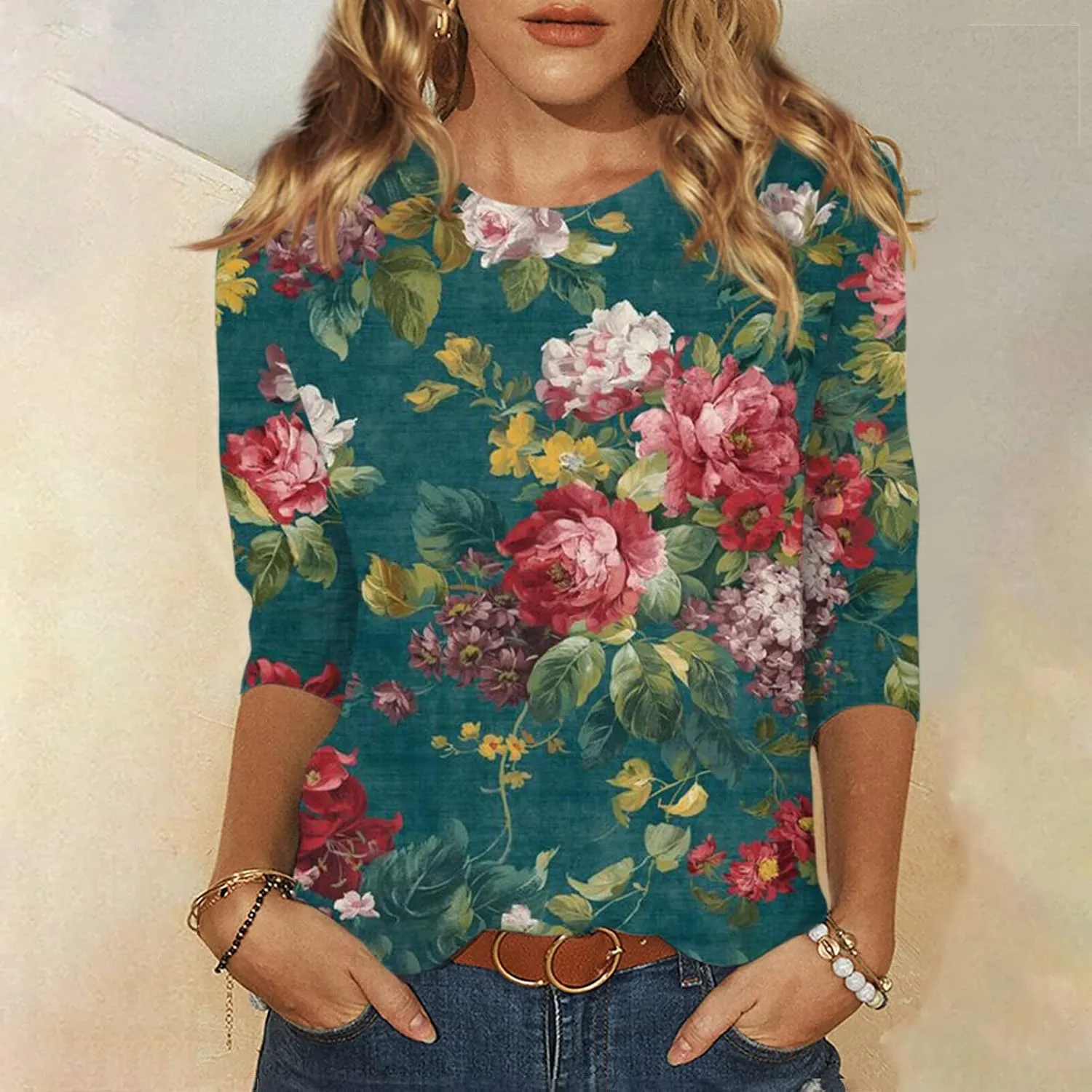 Shirts for Women Trendy 3/4 Sleeve Crewneck Cute Shirts Casual Print Three Guarter Length T Shirt Summer Pullover