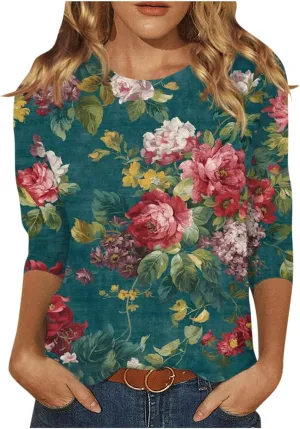 Shirts for Women Trendy 3/4 Sleeve Crewneck Cute Shirts Casual Print Three Guarter Length T Shirt Summer Pullover