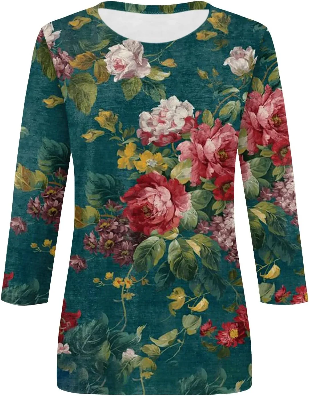Shirts for Women Trendy 3/4 Sleeve Crewneck Cute Shirts Casual Print Three Guarter Length T Shirt Summer Pullover