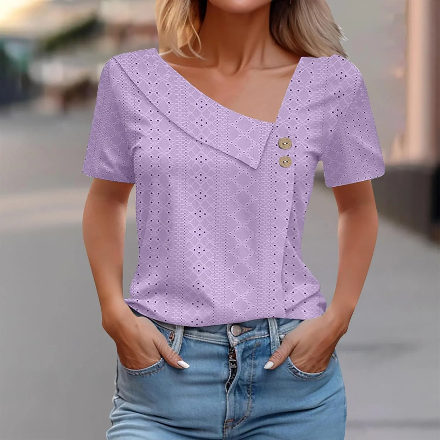 Short Sleeve Blouses for Women Trendy Elegant Dressy Casual Eyelet Shirts Solid Color V Neck Loose Fitted Eyelet Tops