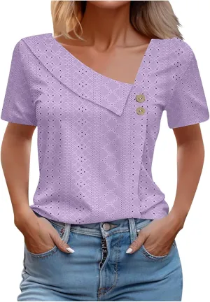 Short Sleeve Blouses for Women Trendy Elegant Dressy Casual Eyelet Shirts Solid Color V Neck Loose Fitted Eyelet Tops