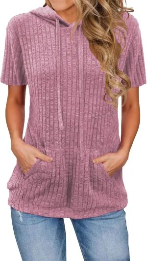 Short Sleeve Hoodies for Women Ribbed Knit Tops Casual T Shirts Oversized Sweatshirts Pullover with Kangaroo Pocket