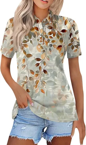 Short Sleeve Shirts for Women Dressy Casual Button Trendy Lapel Neck Boho Print Fitted Tunics Tops Shirts