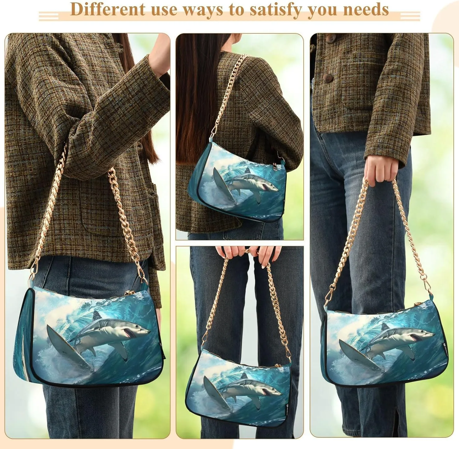 Shoulder Bags for Women Shark Hobo Tote Handbag Small Clutch Purse with Zipper Closure