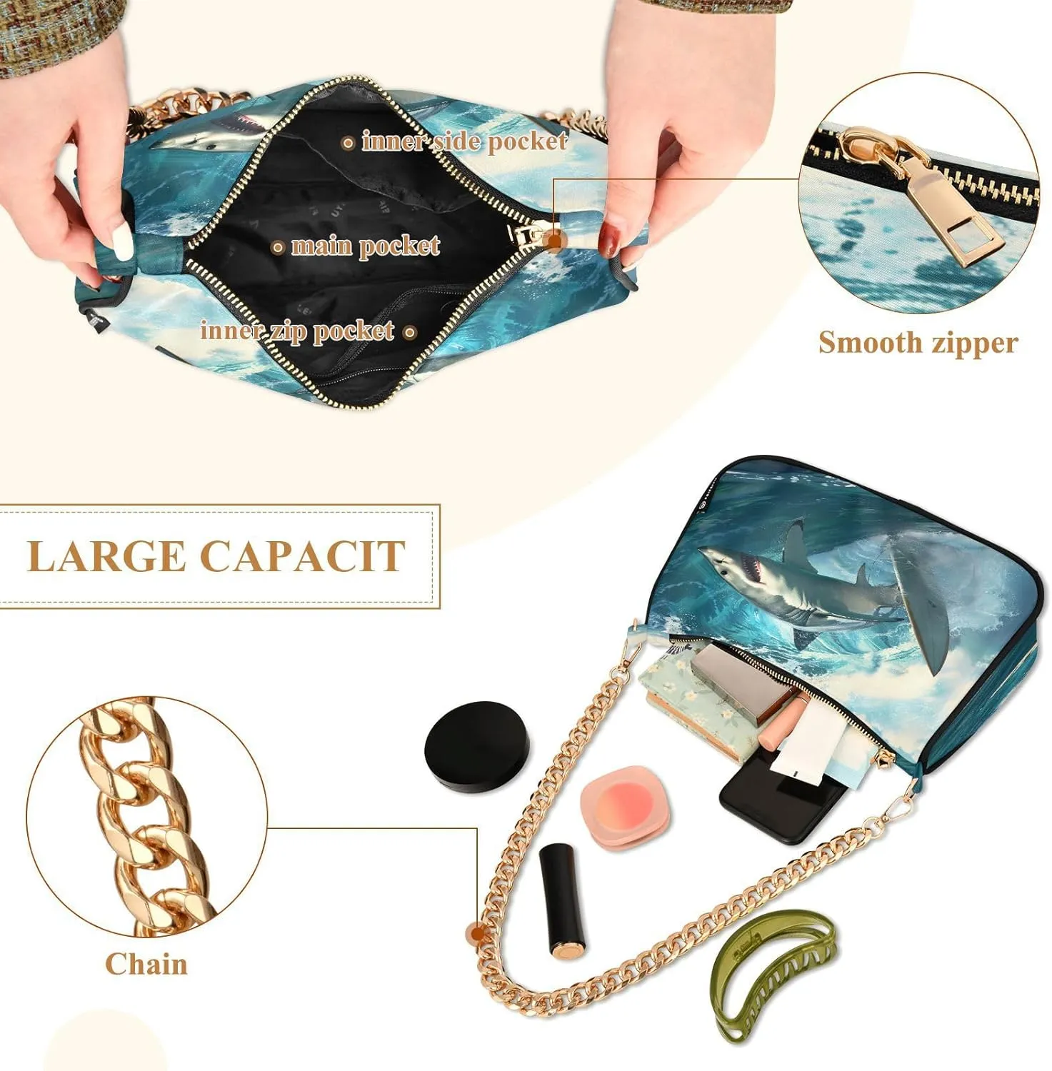 Shoulder Bags for Women Shark Hobo Tote Handbag Small Clutch Purse with Zipper Closure