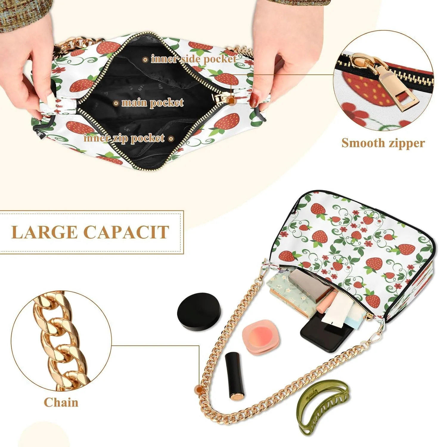 Shoulder Bags for Women Strawberry Hobo Tote Handbag Small Clutch Purse with Zipper Closure