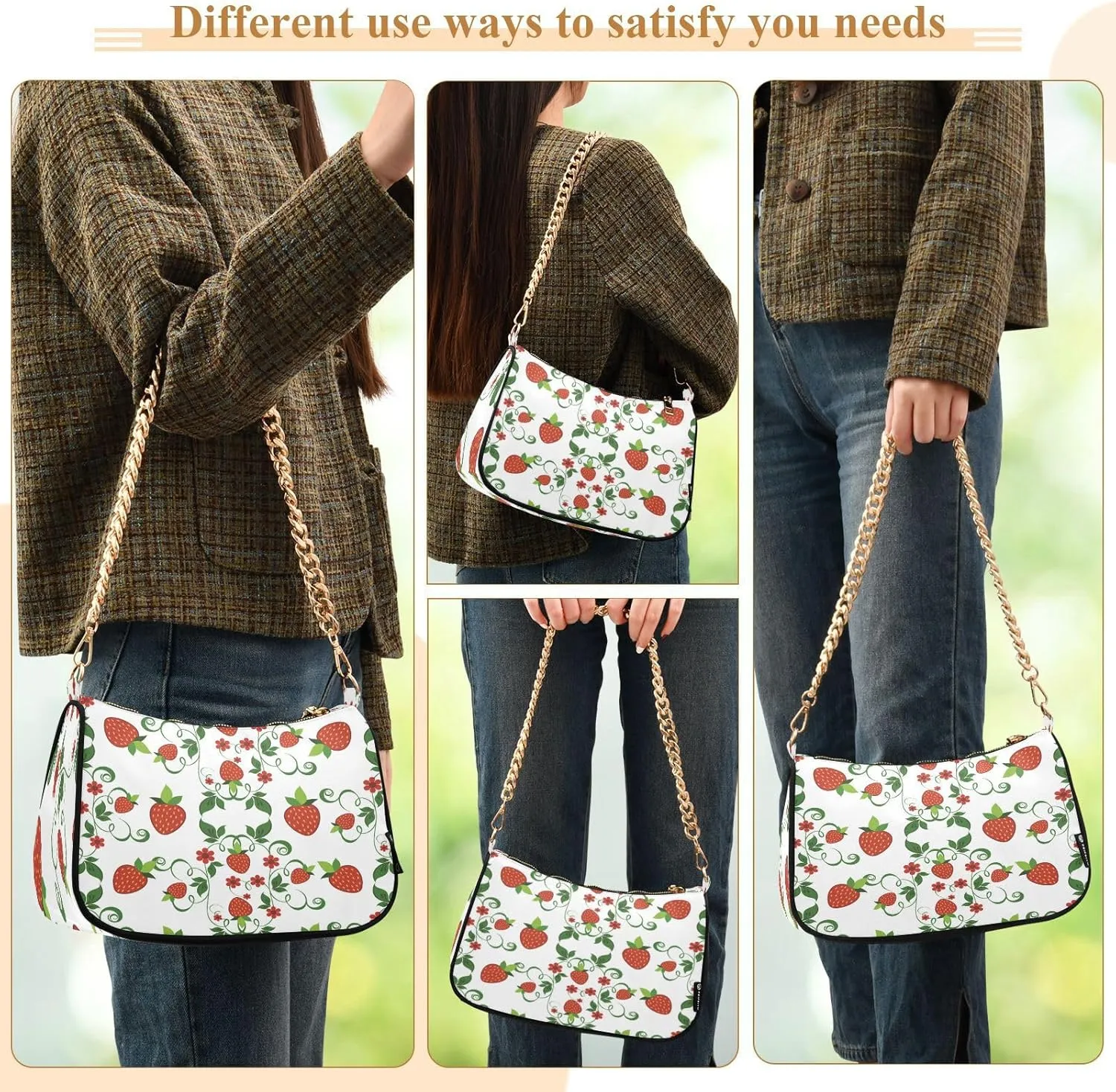 Shoulder Bags for Women Strawberry Hobo Tote Handbag Small Clutch Purse with Zipper Closure