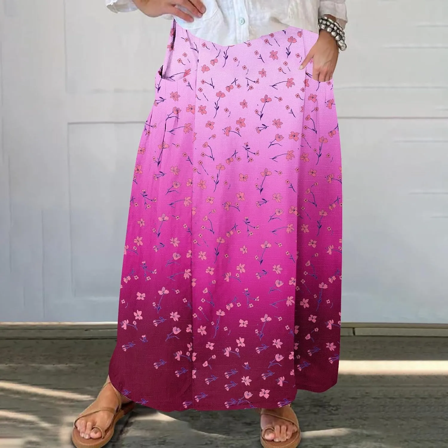Skirts for Women Fashion Casual Floral Printed Elastic High Waisted Cotton Linen Pleated Mid Calf Skirt with Pockets