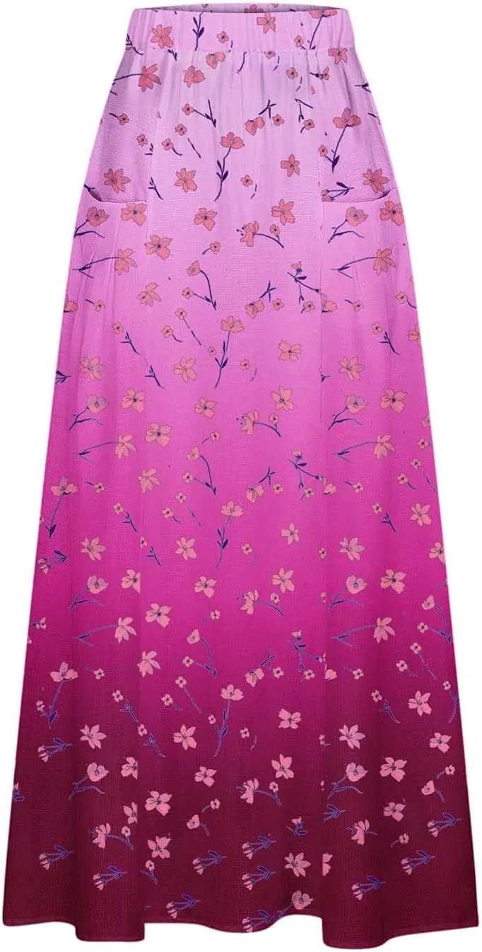 Skirts for Women Fashion Casual Floral Printed Elastic High Waisted Cotton Linen Pleated Mid Calf Skirt with Pockets