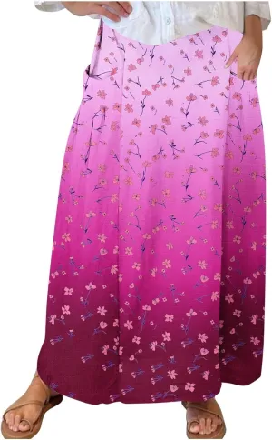 Skirts for Women Fashion Casual Floral Printed Elastic High Waisted Cotton Linen Pleated Mid Calf Skirt with Pockets