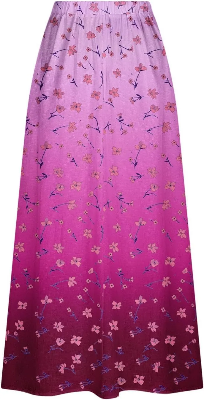 Skirts for Women Fashion Casual Floral Printed Elastic High Waisted Cotton Linen Pleated Mid Calf Skirt with Pockets