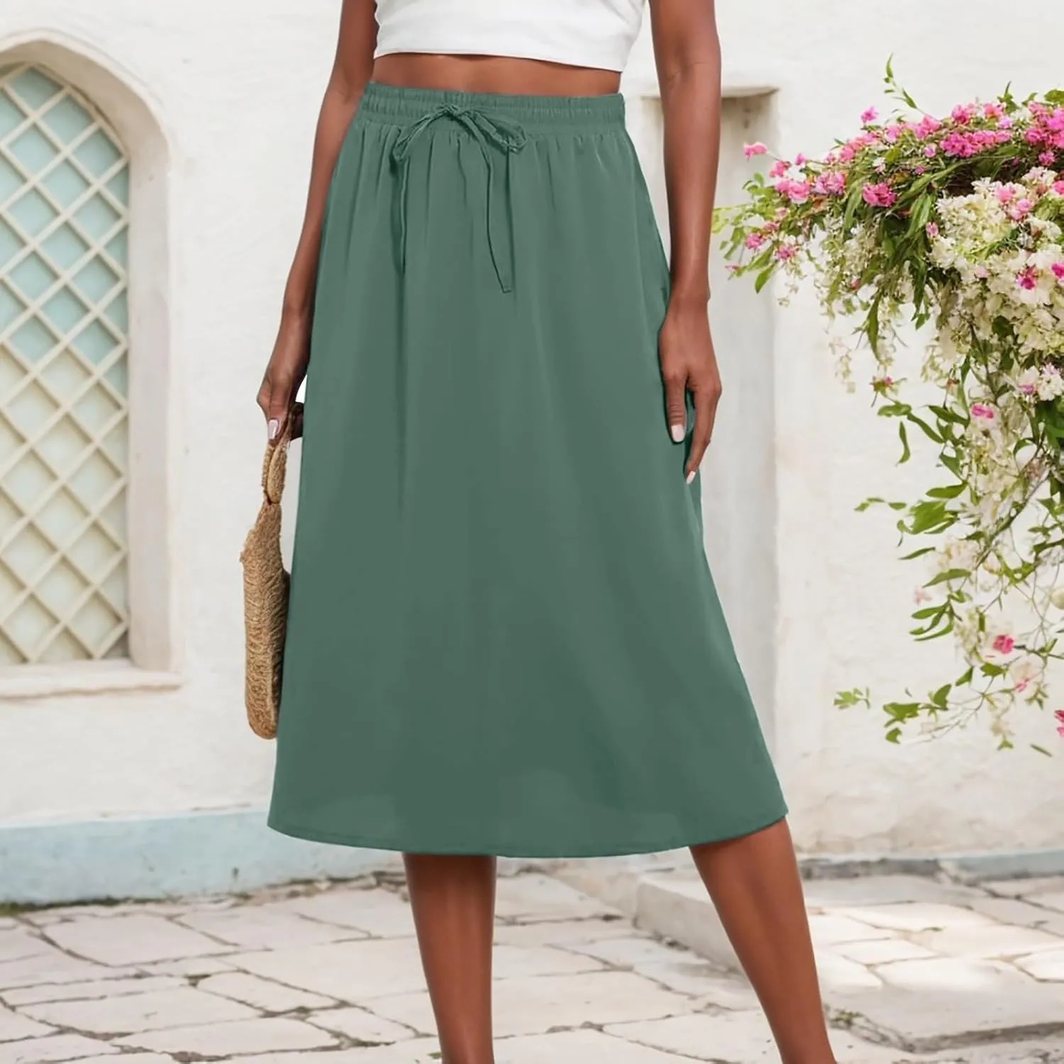 Skirts for Women Mid High Waisted Drawstring Casual Skirt Flowy Elastic Waist Baggy Elegant Trendy Skorts with Pockets