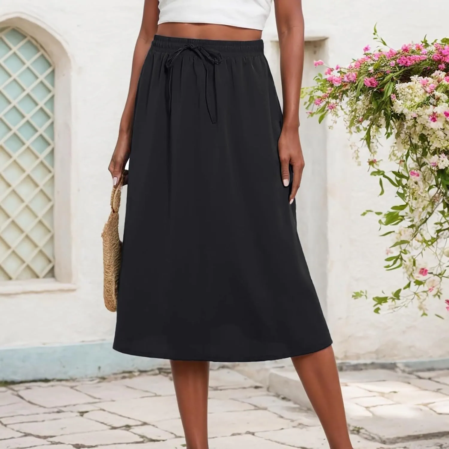 Skirts for Women Mid High Waisted Drawstring Casual Skirt Flowy Elastic Waist Baggy Elegant Trendy Skorts with Pockets