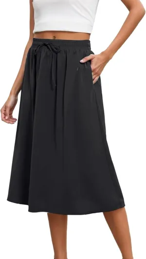 Skirts for Women Mid High Waisted Drawstring Casual Skirt Flowy Elastic Waist Baggy Elegant Trendy Skorts with Pockets