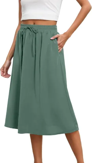 Skirts for Women Mid High Waisted Drawstring Casual Skirt Flowy Elastic Waist Baggy Elegant Trendy Skorts with Pockets