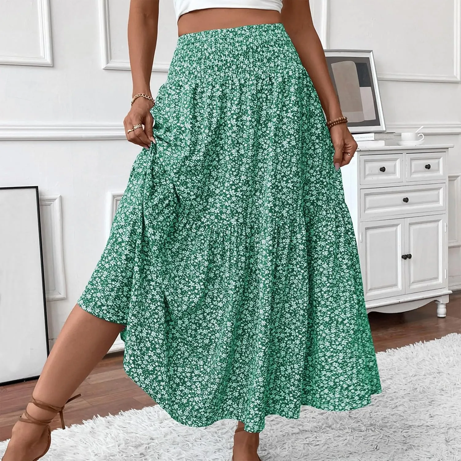 Skirts for Women Midi Length Women's Boho Floral Print Elastic High Waisted Swing A-Line Tiered Summer Beach Skirt