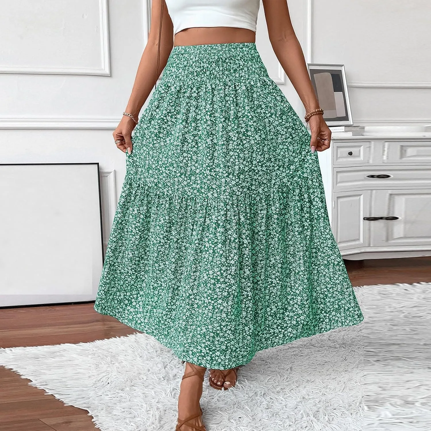 Skirts for Women Midi Length Women's Boho Floral Print Elastic High Waisted Swing A-Line Tiered Summer Beach Skirt