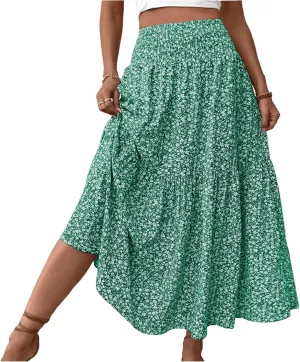 Skirts for Women Midi Length Women's Boho Floral Print Elastic High Waisted Swing A-Line Tiered Summer Beach Skirt