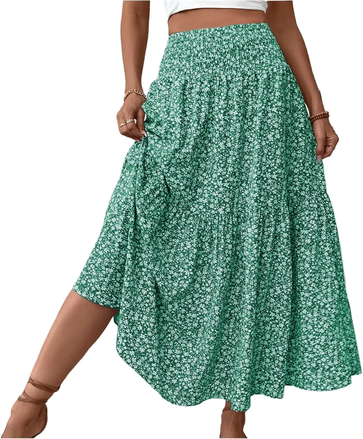 Skirts for Women Midi Length Women's Boho Floral Print Elastic High Waisted Swing A-Line Tiered Summer Beach Skirt