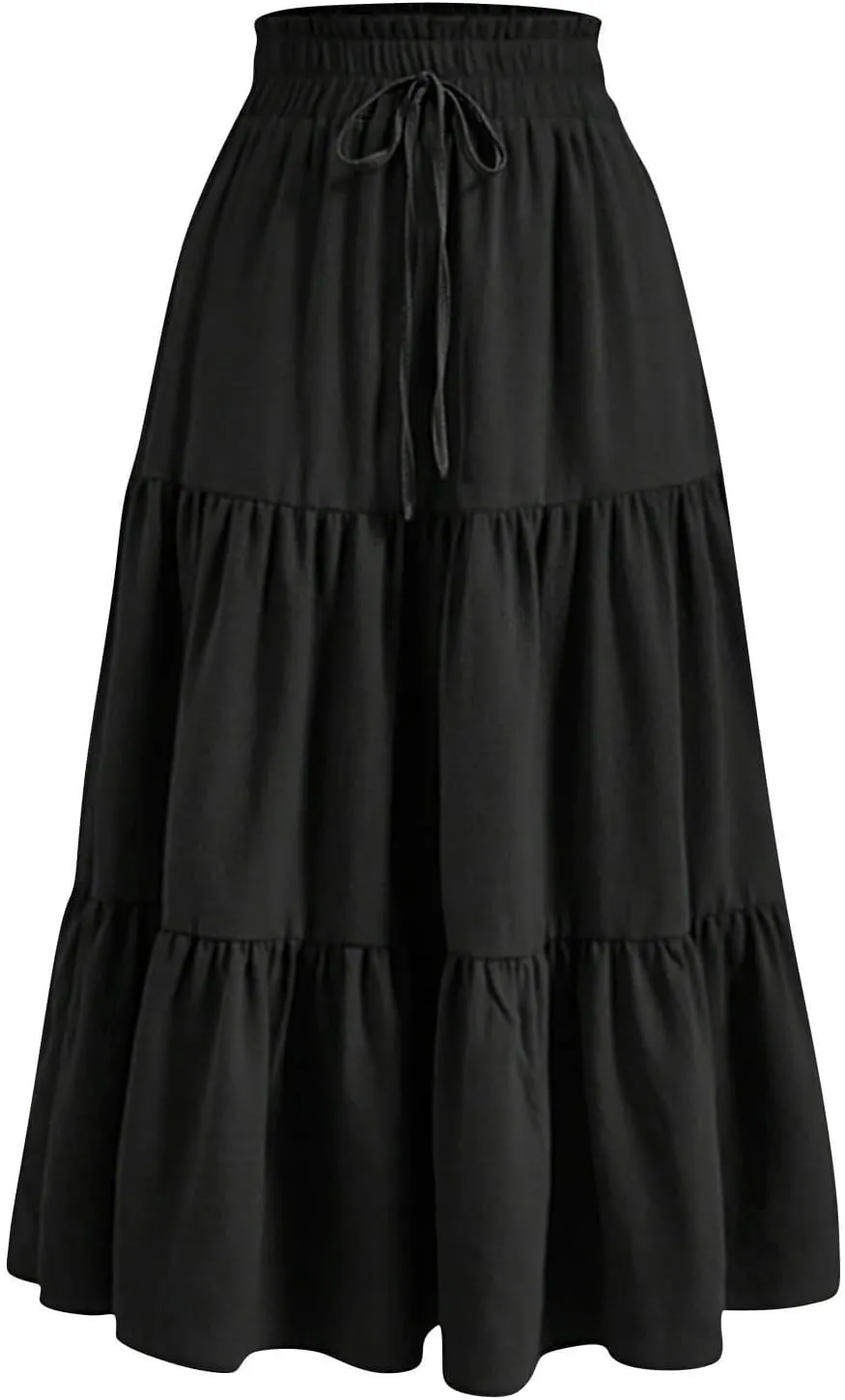 Skirts for Women Summer Boho Maxi Skirt Flowy Ruffle Tiered Elastic High Waist Smocked Dresses Beach Casual Dress