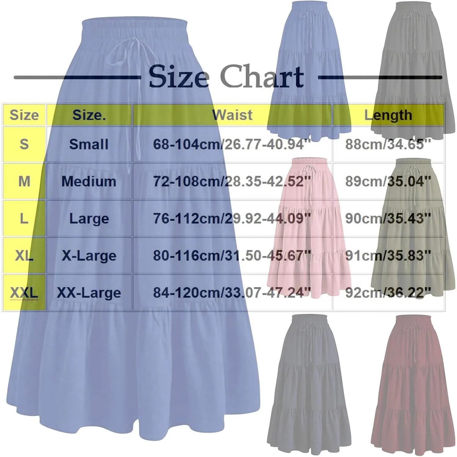 Skirts for Women Summer Boho Maxi Skirt Flowy Ruffle Tiered Elastic High Waist Smocked Dresses Beach Casual Dress