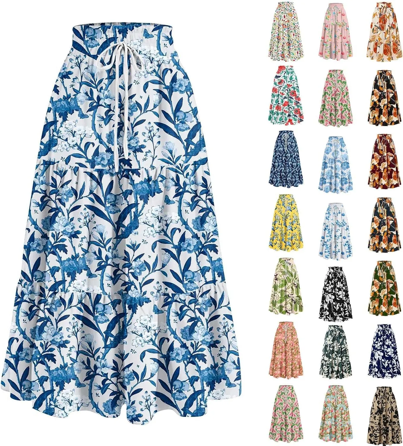 Skirts for Women Trendy Summer Tiered Elastic High Waisted Floral Skirt Vacation A Line Drawstring Flowy Long Skirts