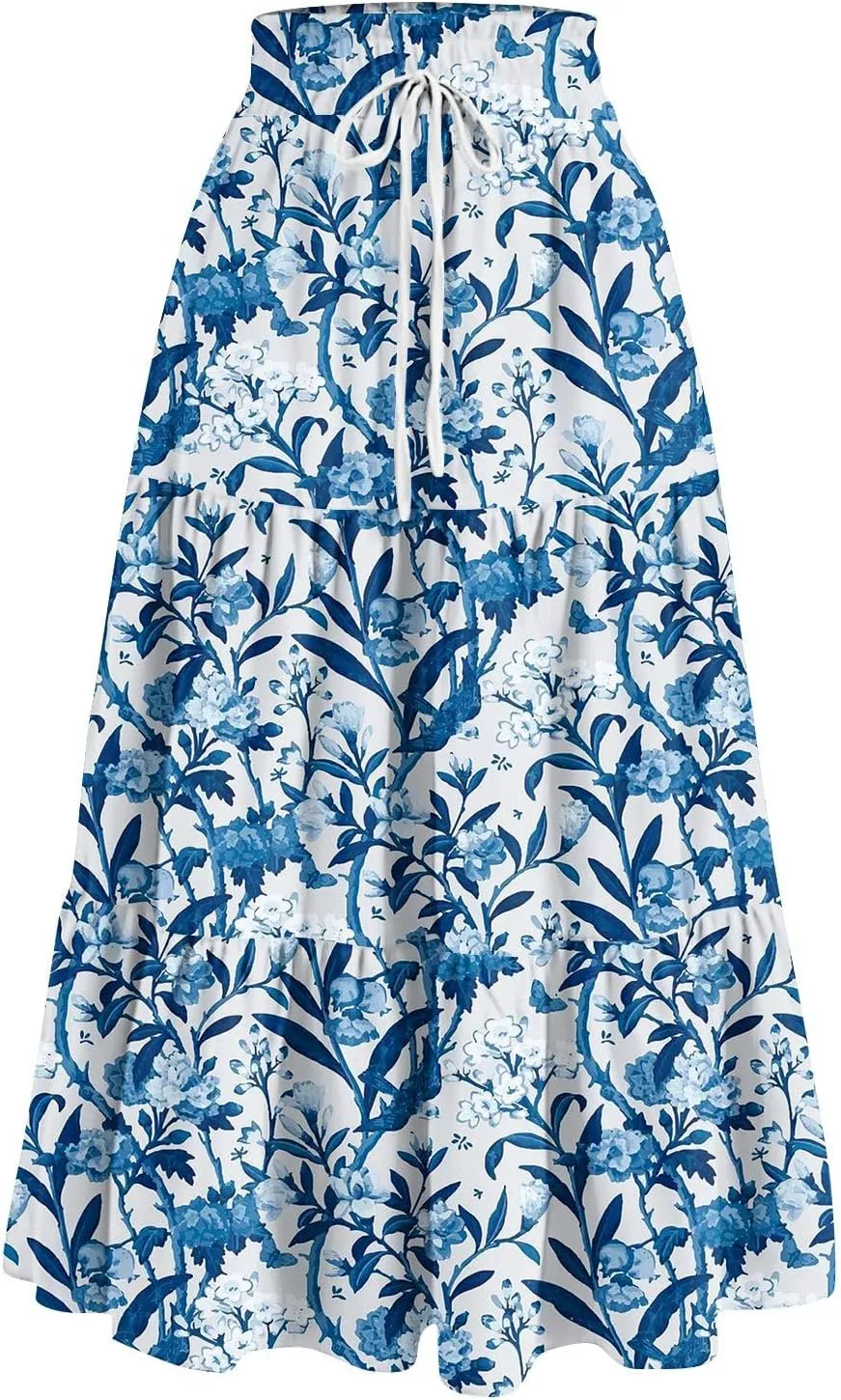 Skirts for Women Trendy Summer Tiered Elastic High Waisted Floral Skirt Vacation A Line Drawstring Flowy Long Skirts