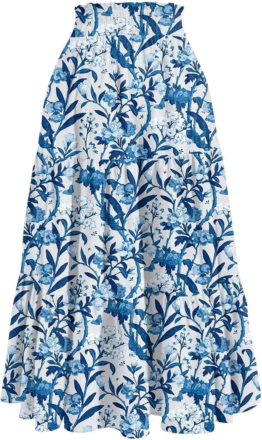 Skirts for Women Trendy Summer Tiered Elastic High Waisted Floral Skirt Vacation A Line Drawstring Flowy Long Skirts