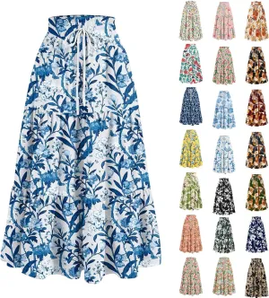 Skirts for Women Trendy Summer Tiered Elastic High Waisted Floral Skirt Vacation A Line Drawstring Flowy Long Skirts