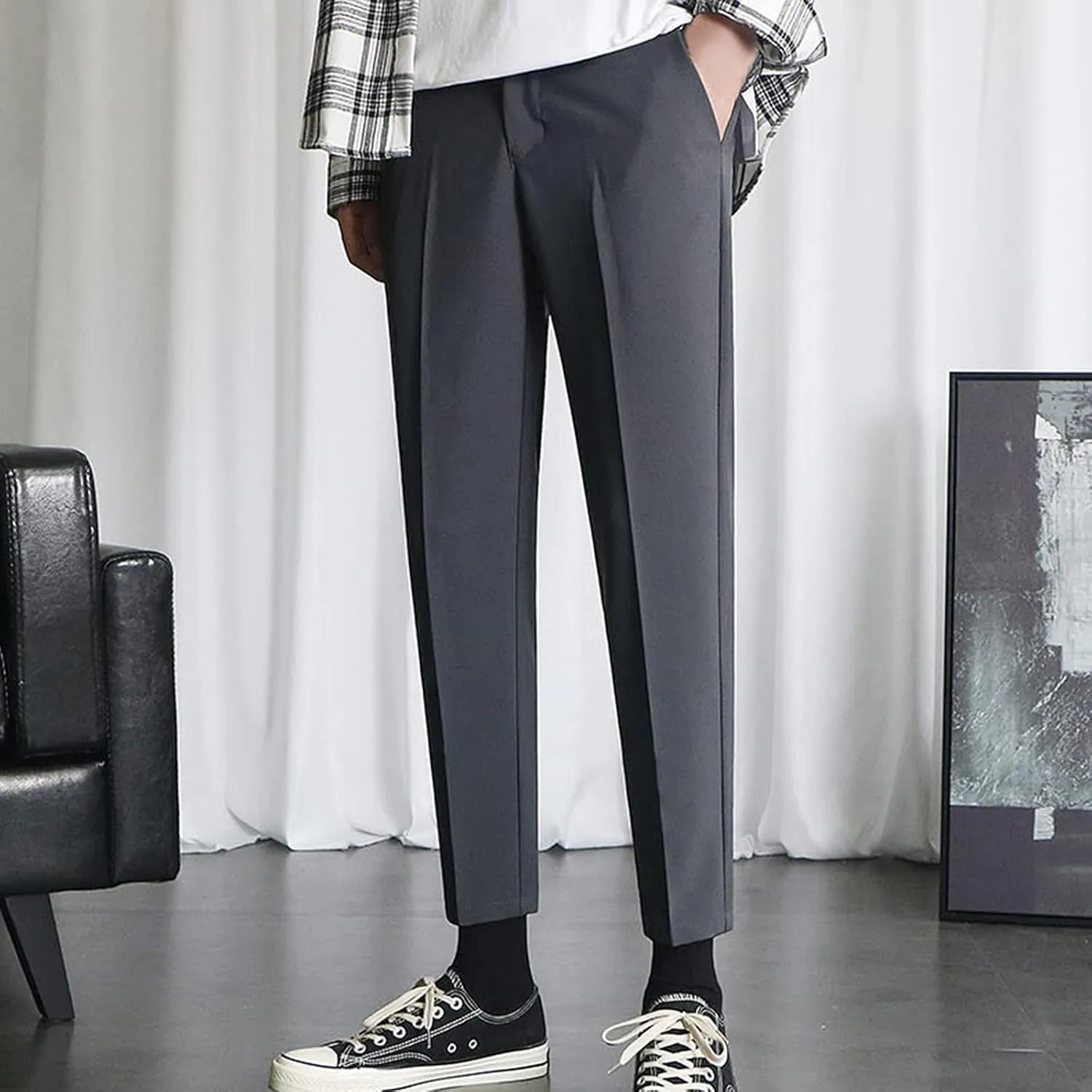 Slim Fit Trousers Men Dress Pants Business Formal Work Bottoms Classic Style Stretch Waist Comfortable Office Wear