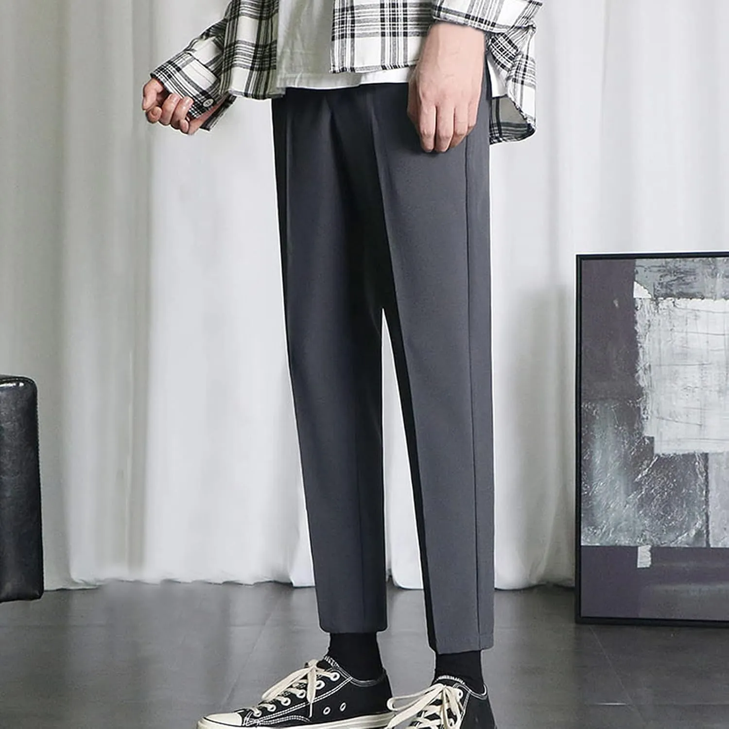 Slim Fit Trousers Men Dress Pants Business Formal Work Bottoms Classic Style Stretch Waist Comfortable Office Wear