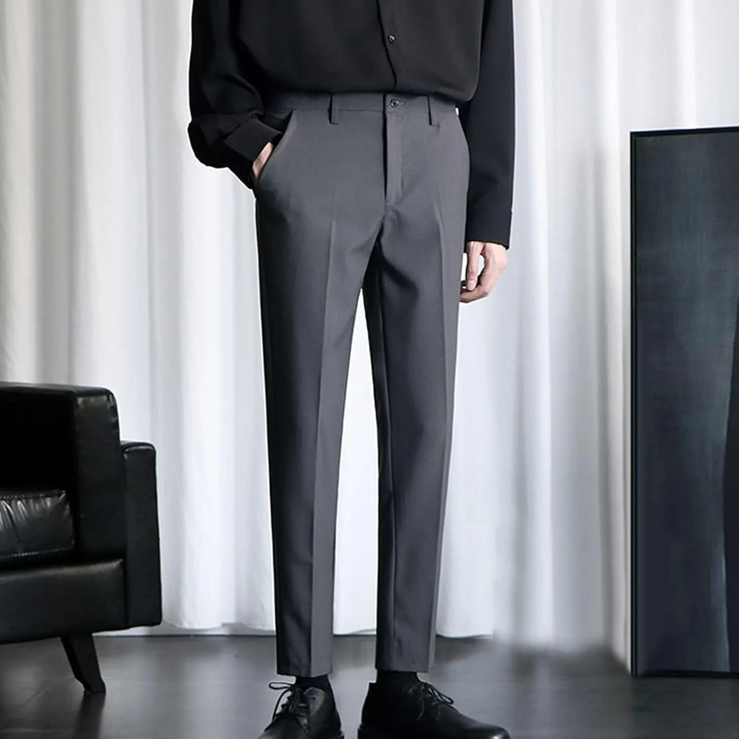 Slim Fit Trousers Men Dress Pants Business Formal Work Bottoms Classic Style Stretch Waist Comfortable Office Wear