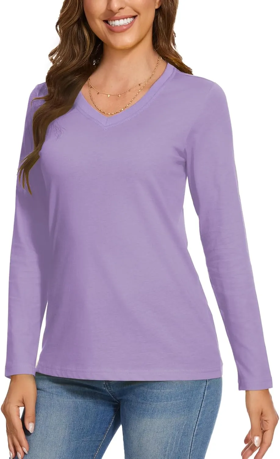 SMENG Womens Long Sleeve Shirts Cotton V Neck T Shirt Basic Tops Casual Soft Tees