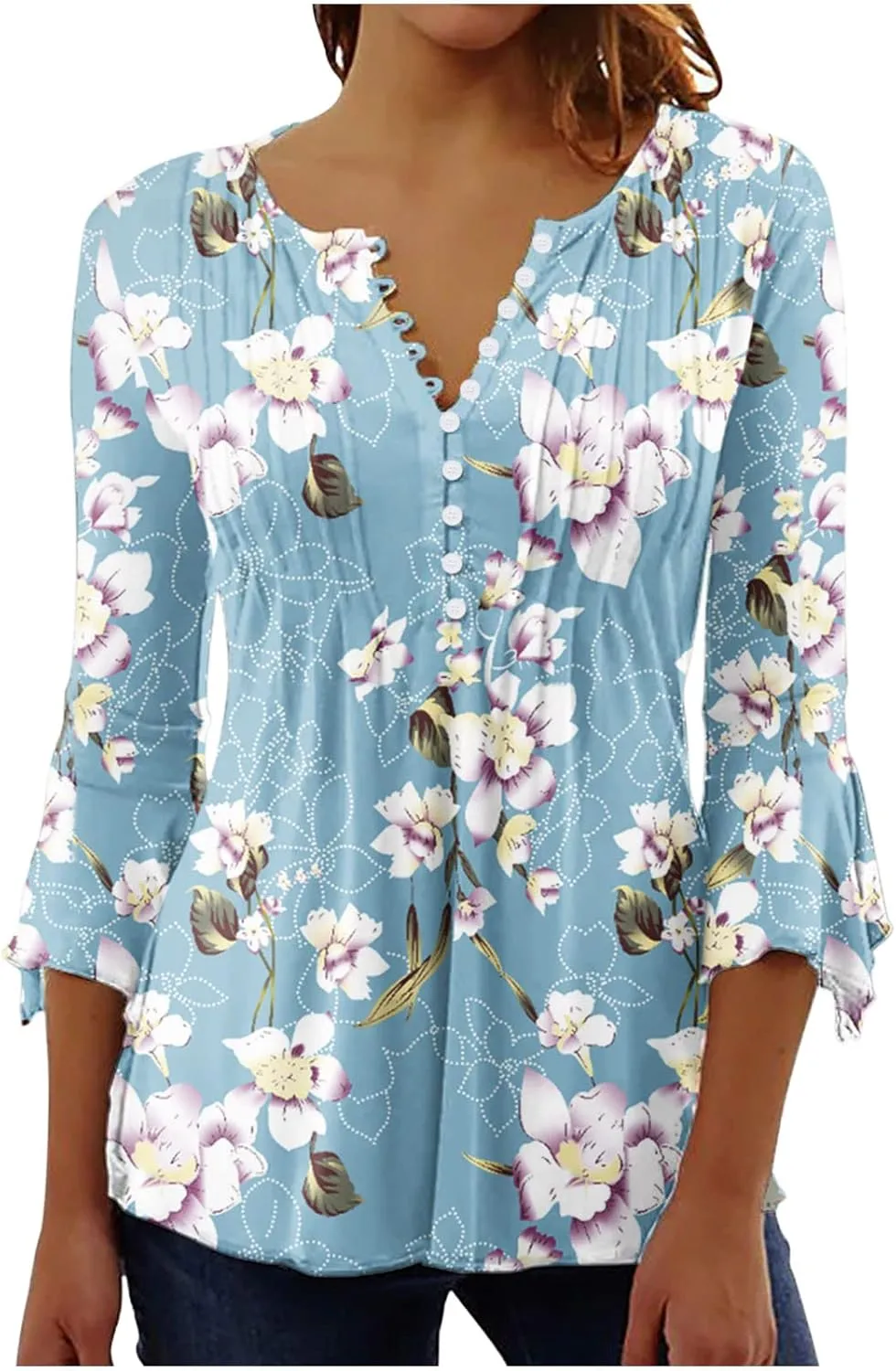 SMIDOW Tunic Tops for Women Loose Fit Spring Henley v Neck Shirt 3/4 Bell Sleeve Bohemian Floral Print t-Shirt Blouse Trendy