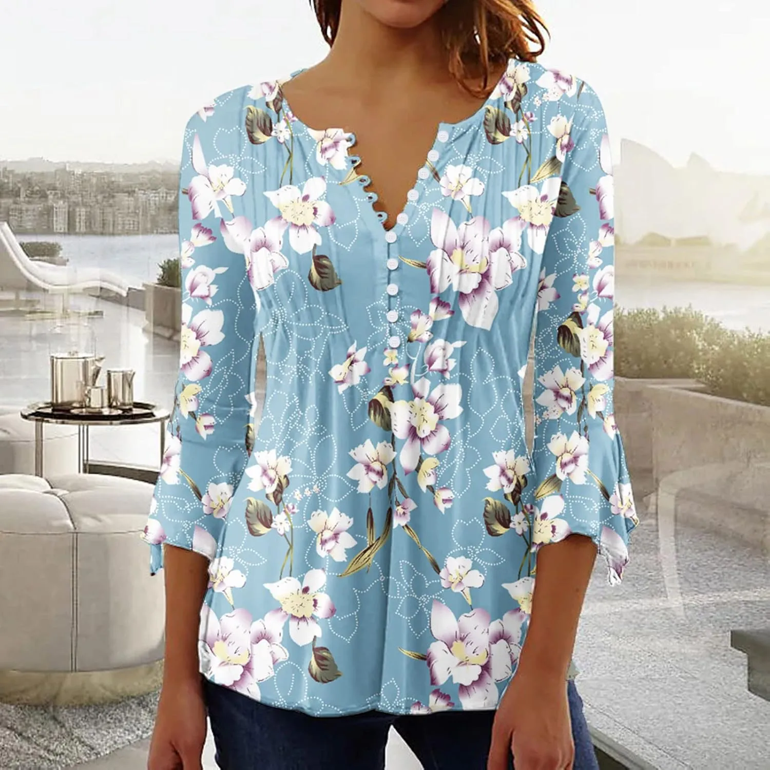 SMIDOW Tunic Tops for Women Loose Fit Spring Henley v Neck Shirt 3/4 Bell Sleeve Bohemian Floral Print t-Shirt Blouse Trendy