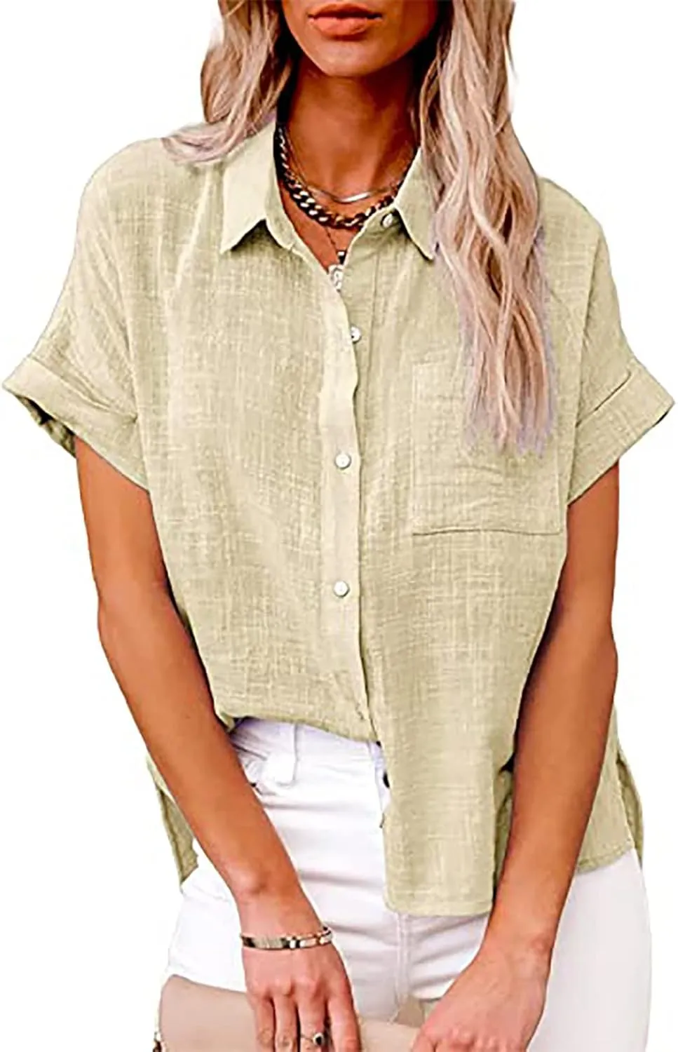 SMIDOW Womens Button Down Cotton Linen Shirts V Neck Roll Up Short Sleeve Blouses Loose Collared Shirt Casual Work Tops