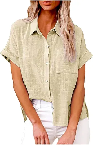 SMIDOW Womens Button Down Cotton Linen Shirts V Neck Roll Up Short Sleeve Blouses Loose Collared Shirt Casual Work Tops