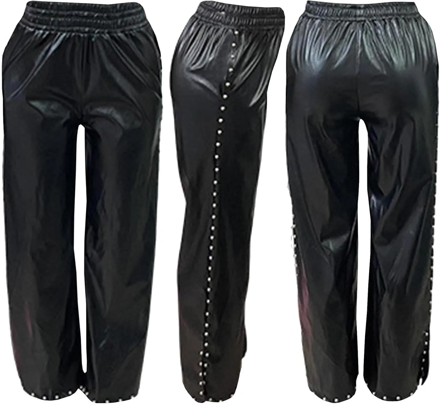 SOMTHRON Women's PU Faux Leather Pants Elastic High Waist Straight Wide Leg Pearls Studded Side Slit Trousers