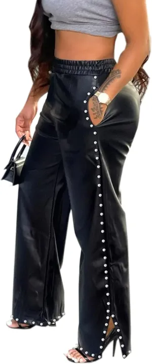 SOMTHRON Women's PU Faux Leather Pants Elastic High Waist Straight Wide Leg Pearls Studded Side Slit Trousers