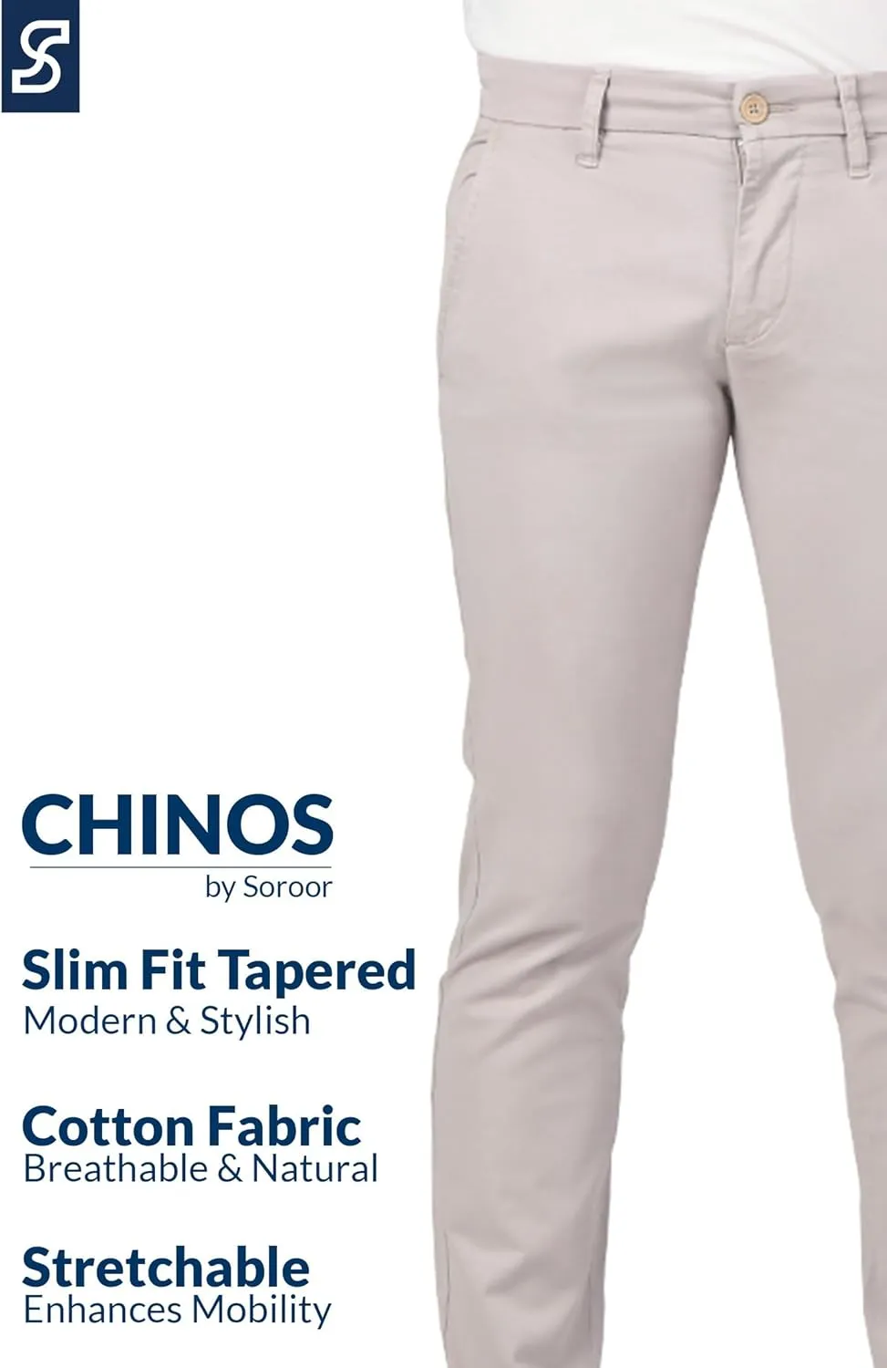 Soroor Slim Fit Chinos Pants Men - Stylish Mens Chinos Pants, Smart Casual Mens Khaki Pants | Stretch Twill Cotton Men Chino