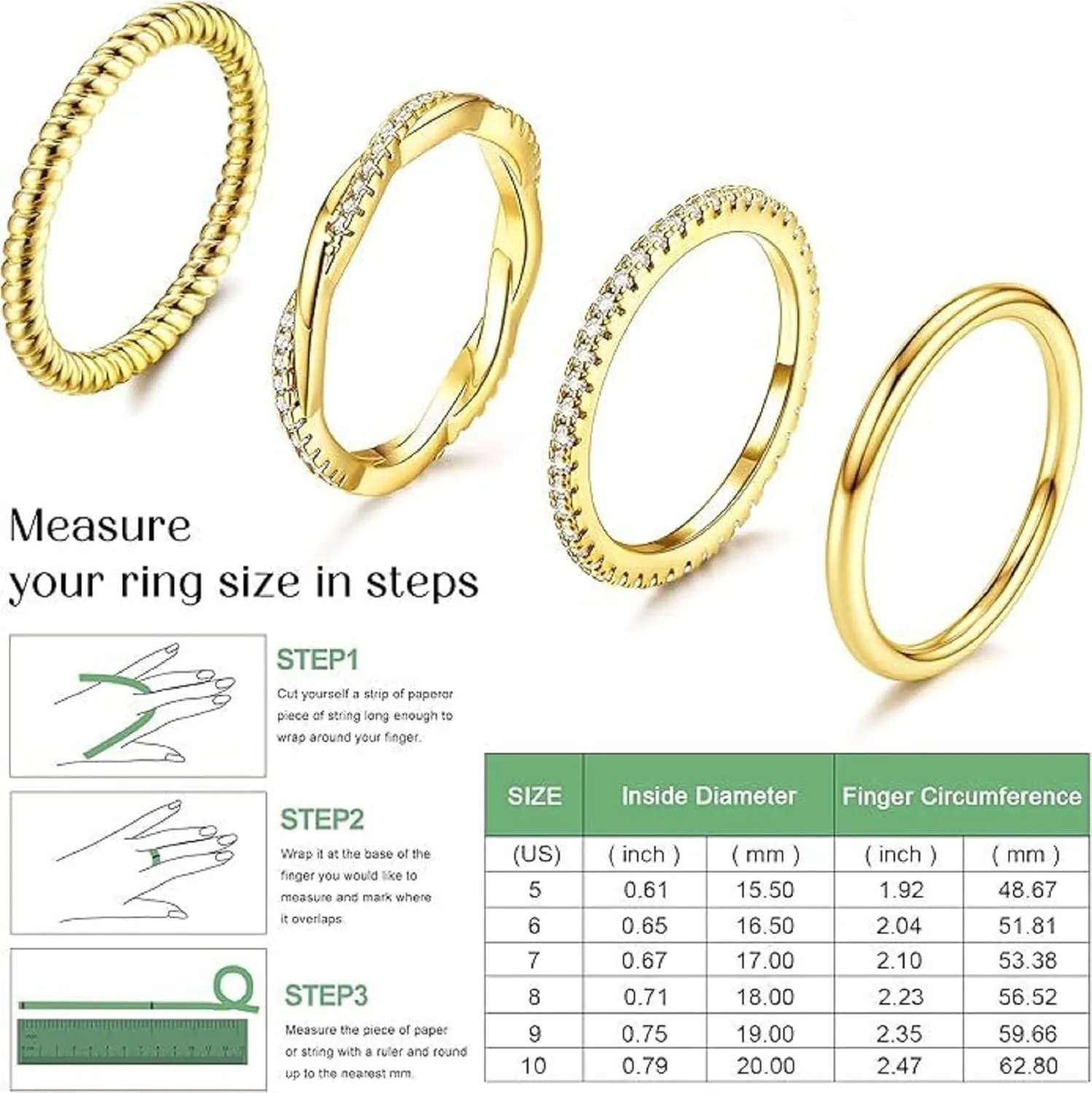 Stackable Gold Rings for Women Fashion 4-piece diamond ring set 14K Gold Plated Stackable Thin Rings Cubic Zirconia Thumb Ring Set Trendy Statement Promise Wedding Engagement Rings (9, Gold)