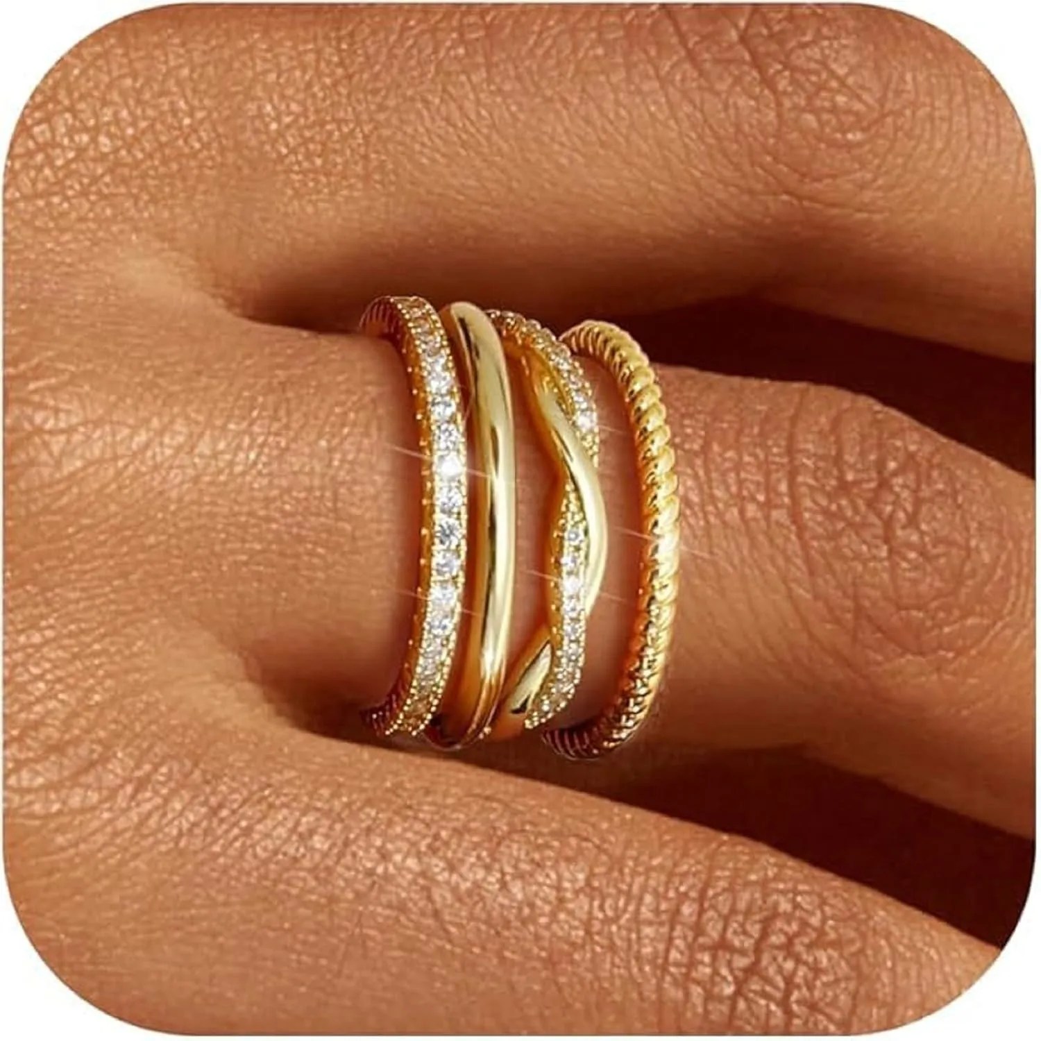 Stackable Gold Rings for Women Fashion 4-piece diamond ring set 14K Gold Plated Stackable Thin Rings Cubic Zirconia Thumb Ring Set Trendy Statement Promise Wedding Engagement Rings (9, Gold)